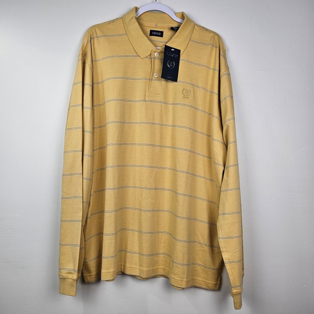 IZOD Polo Shirt Men XXL Yellow Wheatstalk Soft Touch Striped Long Sleeve Cotton